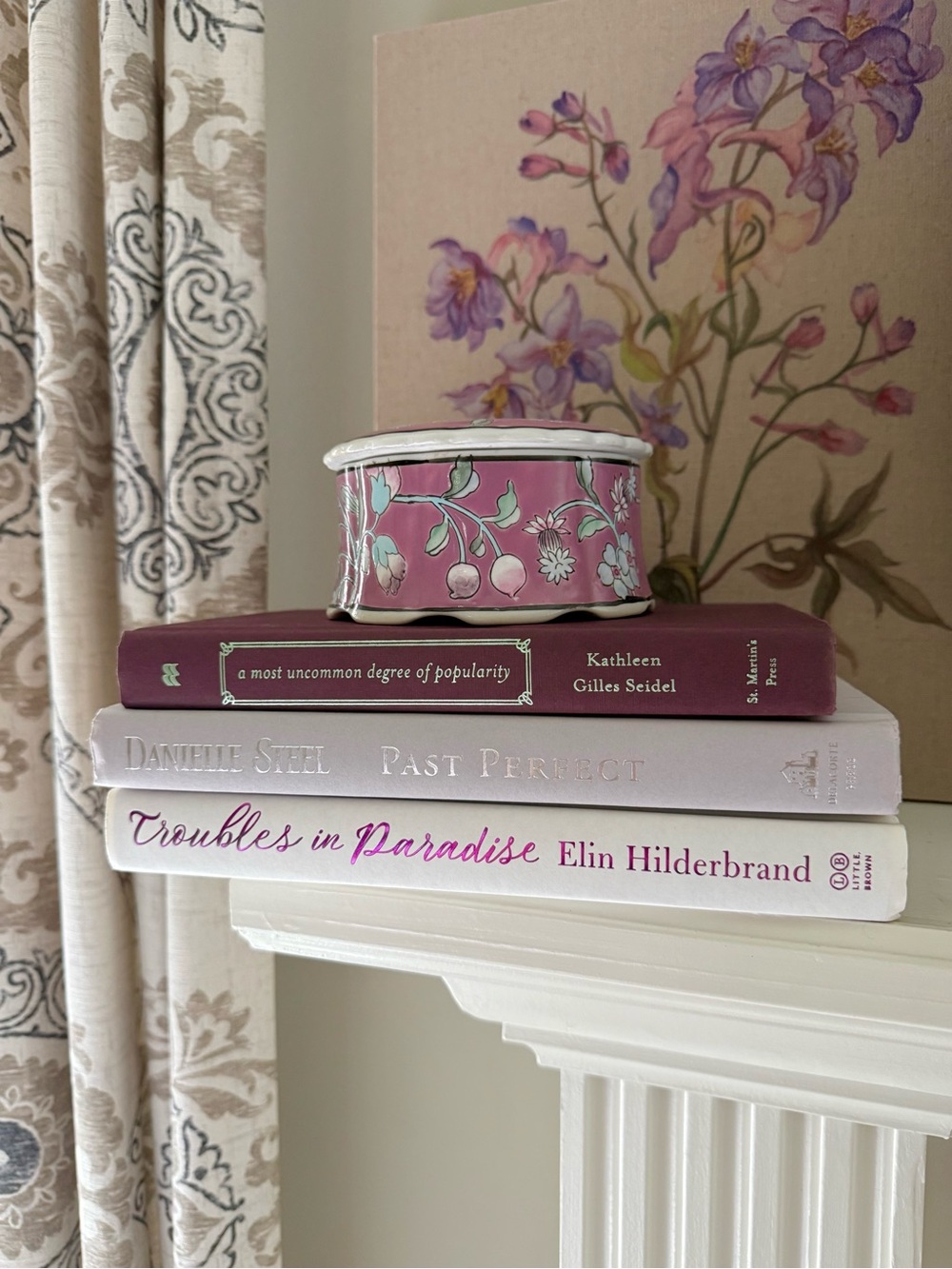 Plum purple and gray book stack